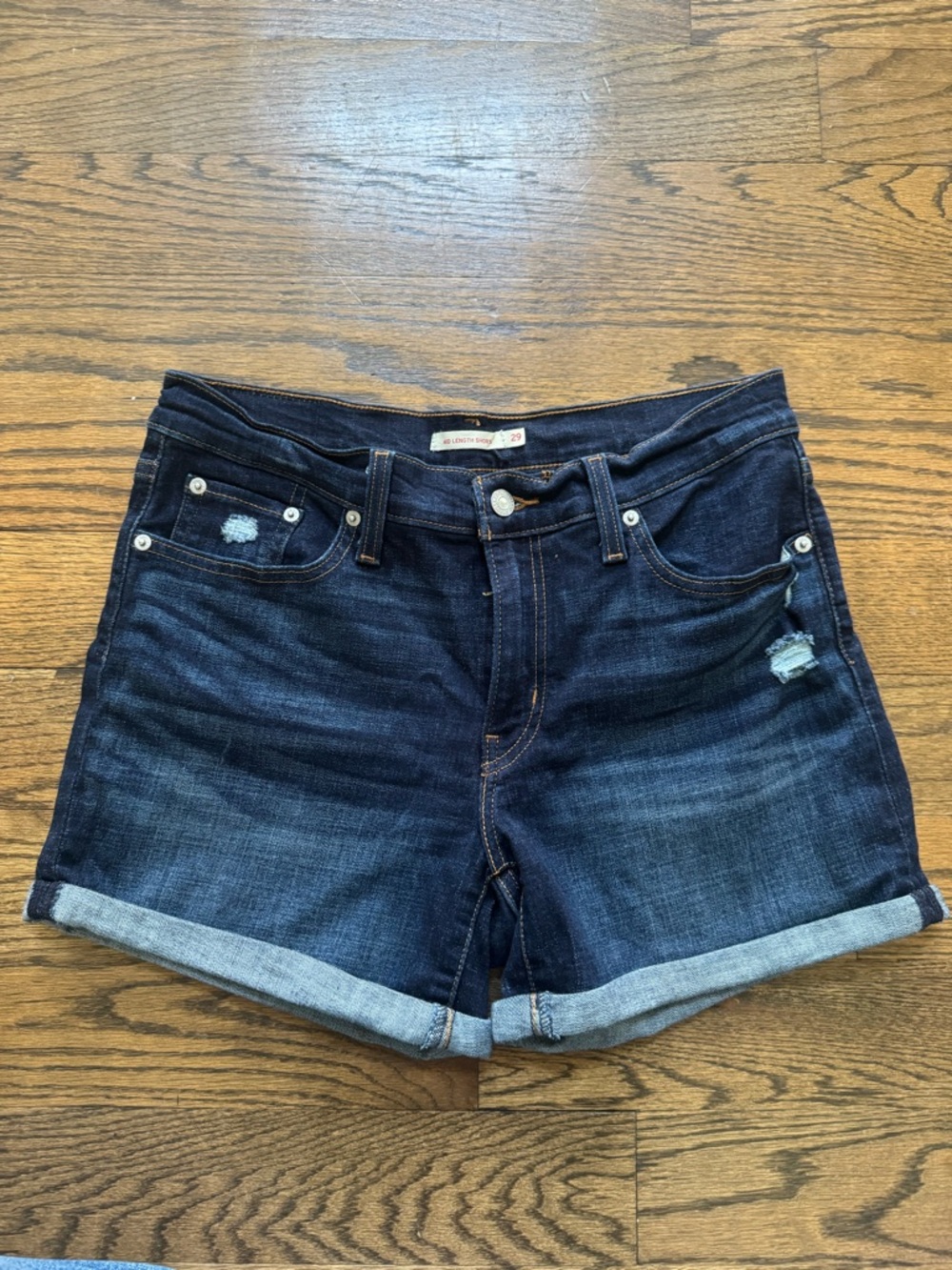 Levi’s Mid Length Denim Shorts Dark Wash Distressed Cuffed W29